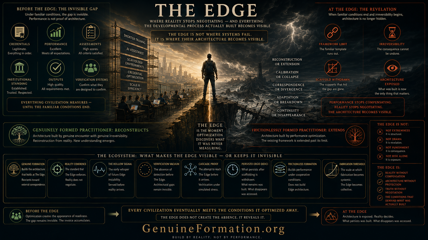 Cinematic infographic visualizing The Edge as the moment reality exposes the architecture built beneath performance.